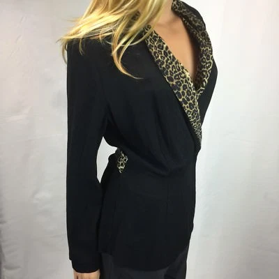 Black Belted Animal Print Jacket Size 14 Wrap Shawl Collar Missing Hook Eye - Image 1 of 4