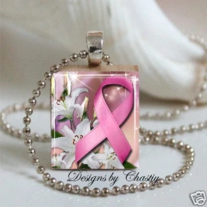 Breast Cancer Awareness necklace Pink Ribbon Altered Art Charm Pendant  - Picture 1 of 1