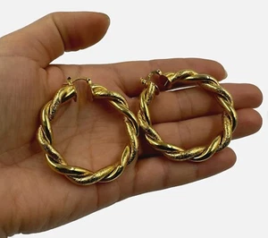 LARGE HOOP CREOLE EARRINGS 18K YELLOW GOLD FILLED WOMENS 50MM HOOPS - Picture 1 of 8