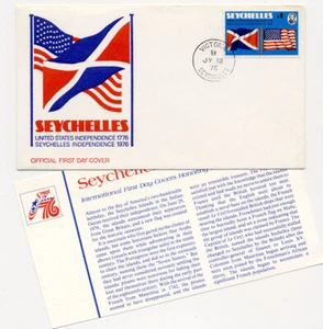 Seychelles 1976 First Day Cover US Bicentennial Independence #361 Insert Cachet - Picture 1 of 2