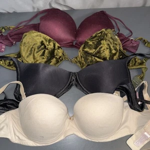 Victoria's Secret Padded Bra Lot Of 4 34B Velvet Green Black Red Beige RIPS - Picture 1 of 18