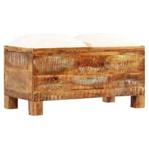 Vintage Style Storage Bench Fabric Seat Solid Reclaimed Wood Home Furniture - Picture 1 of 11
