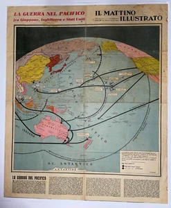 PACIFIC WORLD WAR II DECEMBER 1941 VERY LARGE PICTORIAL MAP ITALIAN EDITION - Picture 1 of 11