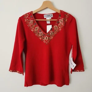 NWT Joseph A Womens Holiday Sweater Size L Red Embellished 3/4 Sleeve V-Neck - Picture 1 of 10