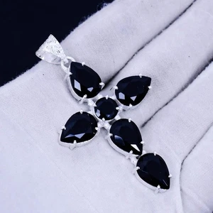 Black Spinel Gemstone Handmade Pendant 925 Sterling Silver Jewelry Size-2.25" - Picture 1 of 5