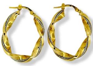 Diamond Cut Dust Twisted Oval Hoop Two Tone 14K Yellow Gold Earrings 1.25" Inch - Picture 1 of 16