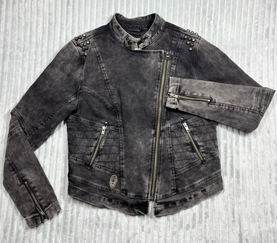 Harley Davidson Moto Style Jean Jacket Women's M Full Zip Biker Embroidered Back - Image 1 of 4