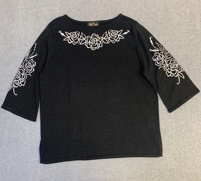 Топ женский Bob Mackie L черный художественный для ношения с цветочным рисунком блестящий облегающий для путешествий праздников - Изображение 1 из 4