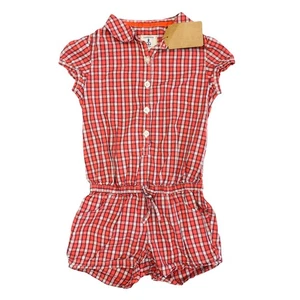 G01-Lands End, 4Y, s/s cotton short romper (Orange/Cream Plaid) - Picture 1 of 2