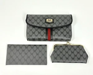 Vintage VR Classic Black Gray Clutch Wallet 3 Pc Set Wallet Check Coin Purse - Picture 1 of 11