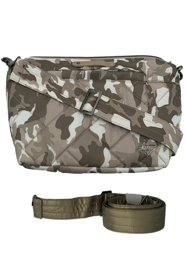 Lug Flare 2 Camo Taupe RFID Quilted Crossbody with Solid Strap & Camo Strap