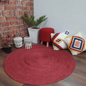 Red Carpet Rug Natural Jute Hand Braided Farmhouse Modern Living Area Round Rug - Picture 1 of 5