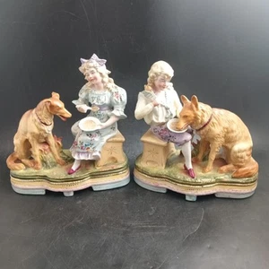 Antique Scheibe-Alsbach Matched Pair Figurines Rok Meissen Style, Boy Girl W Dog - Picture 1 of 21
