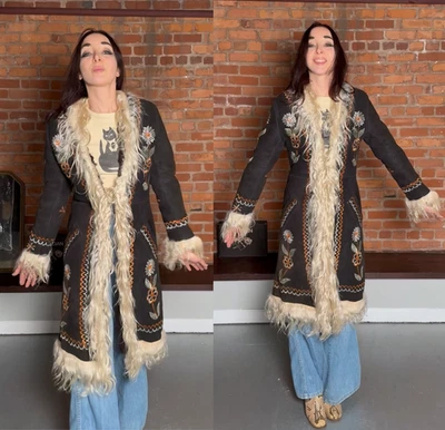 Abrigo Bordado Afgano De Colección Años 60 70 XS S Penny Lane NEGRO PIEL DE OVEJA Hippie Foto 1 de 4