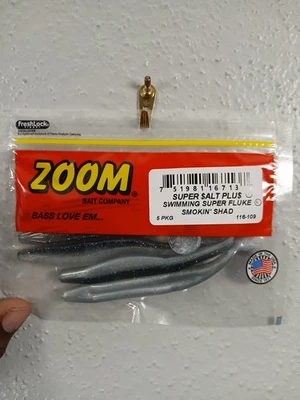 Zoom Swimmin Super Fluke Swimbait Smokin Shad 5pk 115-109 Soft Plastic - Image 1 of 2