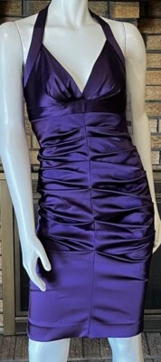 Nicole Miller Purple Stretch Satin Ruched Halter Bodycon Dress NWT $420 Size 4 - Image 1 of 4