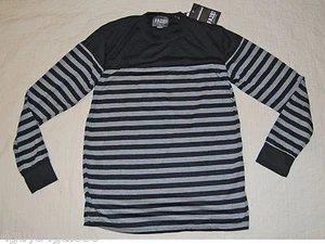 MENS Long Sleeve Crew Neck Black Gray Striped Knit Tee Shirt L 42-46 - Picture 1 of 1