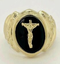 14k Yellow Gold Black Oval Onyx Cross Crucifix Ring Sizes 7-13