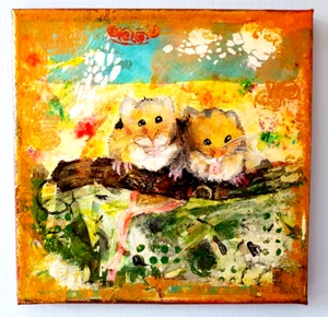Two Little Mice - Original Mixed Media Painting 8"x8" by Christine Clarke - Picture 1 of 1