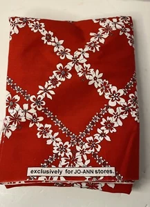 Vtg Jo Ann Cotton Floral Fabric 1-7/8 Yd. Red White Orchid Lei Hawaiian New - Picture 1 of 4