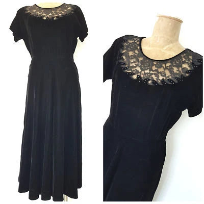 Vestido de Terciopelo Negro Talla Mediana Dama Pequeña Moda Encaje Cóctel De Colección Años 40 Foto 1 de 4