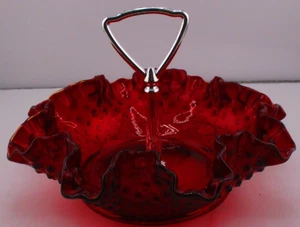 Cranberry Red Fenton Hobnail Candy Dish w/Silver plate handle - Picture 1 of 7