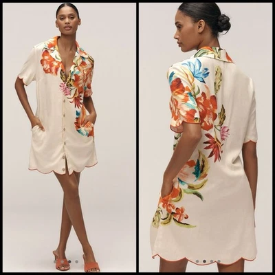 Farm Rio Anthropologie Scalloped Floral Shirt Dress LARGE Beautiful Print $228 - Image 1 of 4