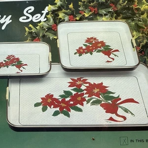 Artmark Vintage Christmas Lacquer Ware Tray Trio White Christmas Tree 3 Trays - Picture 1 of 5