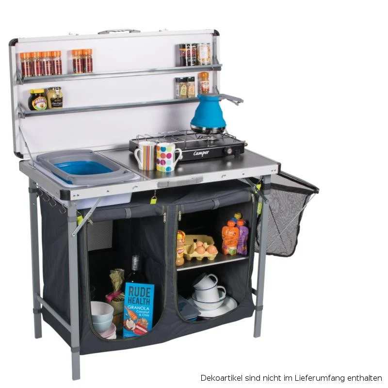 KAMPA Luxus Campingküche mit Gewürzregal XL Arbeitsplatte mit Spülbecken Schwarz NEU