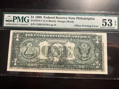 Fr. 1914-c 1988 $1 Federal Reserve Error Note *Offset Printing Error PMG AU 53 - Image 1 of 3
