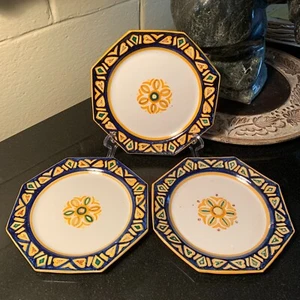 Set of 3 c.1895 HB Quimper France Octagonal 7 3/8" Plates Floral Faience Design - Picture 1 of 15