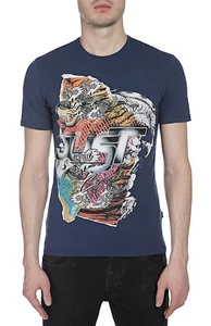 $185 Designer Rare JUST CAVALLI Men's Logo Printed Fitted Navy T-shirt Tee L - Picture 1 of 5