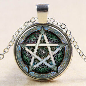 Pentagramm Cabochon Halskette Silber Wicca Hexen Gothic Farbwahl