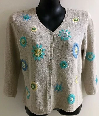 Cárdigan suéter tejido a mano apliques florales Northern Isles para mujer M LINO SEDA M Foto 1 de 4