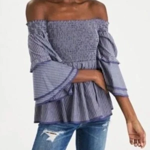 AEO American Eagle Smocked Off The Shoulder Top Blue Stripe Bell Sleeve Peplum M - Picture 1 of 11