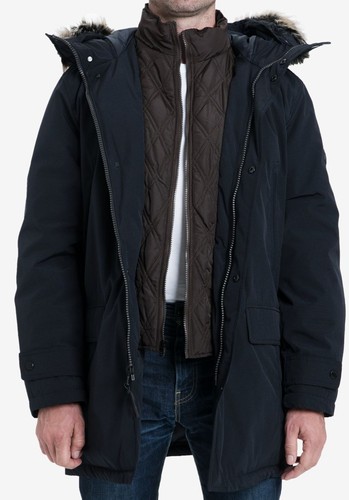 Giacca cappotto parka da snorkeling Michael Kors da uomo blu pelliccia sintetica con cappuccio taglia L