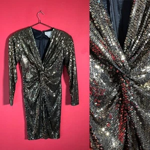 Vintage 80er Black Tie Neiman Marcus Urlaub Pailletten Kleid Langarm Gold Schwarz Medium - Bild 1 von 10