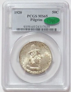 1920 PILGRIM SILVER 50c COMMEMORATIVE PCGS MINT STATE 65 CAC - Picture 1 of 2