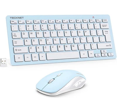 Mini Wireless Keyboard Mouse Combo TECKNET Silent 1600DPI Blue White 2.4GHz - Image 1 of 4