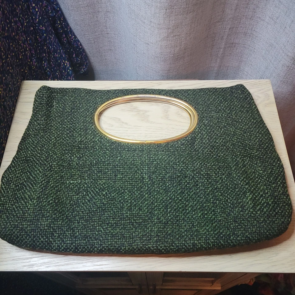 1960s Mod Clutch Purse Dark Green Tweed Vintage Architectural Style - Image 1 of 4