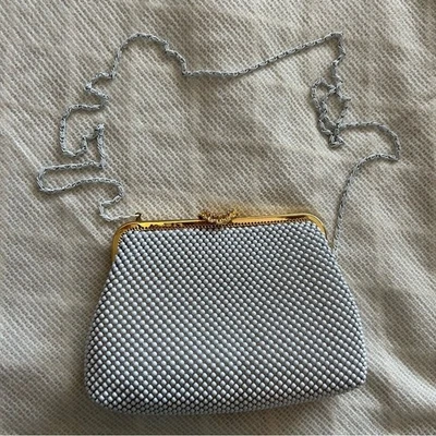 Vintage metal mesh bag white gold shell crystal cocktail formal wedding party - Image 1 of 4
