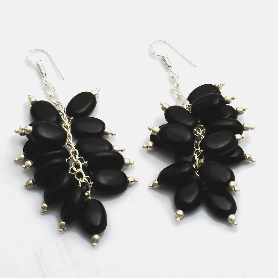 Pendientes colgantes hechos a mano con piedras preciosas de ónix negro joyería para mujer 3" AE-98568 Foto 1 de 1