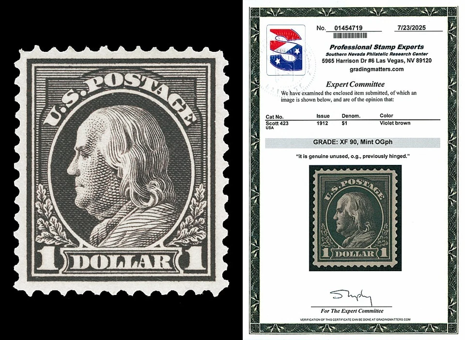 Scott 423 1912 $1.00 Franklin Perf 12 Issue Mint Graded XF 90 LH with PSE CERT - Image 1 of 1