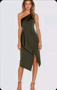 Beautiful Keepsake Structured Olive Green Satin Midi Dress M 12 Rrp $320 - Picture 1 of 11