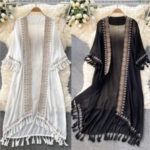 Ethnic Women Cardigan Coat Boho Long Kimono Top Beach Cover Up Chiffon Tassel-- - Picture 1 of 13