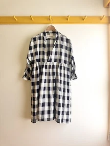 Veritecoeur Japan cotton linen gingham buffalo check plaid volume tunic dress OS - Picture 1 of 3