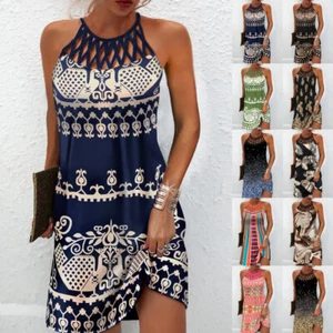Boho Damas Verano Playa Vestidos Vacaciones Hueco Halter Cuello Mini Vestido Talla Grande - Imagen 1 de 18