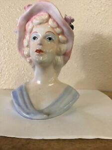Lady Head Vase Curley Hair Floral 3D Flowers Vintage Porcelain Expressive 