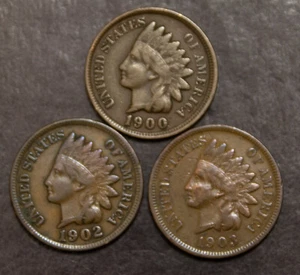 1900 1902 1903 centavo indio fino en estado bastante bueno lote de tres monedas F 602 - Imagen 1 de 2