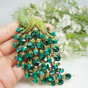 4.33" Peacock Bird Pendant Woman's Brooch Pin Green Rhinestone Crystal Jewelry - Picture 1 of 4